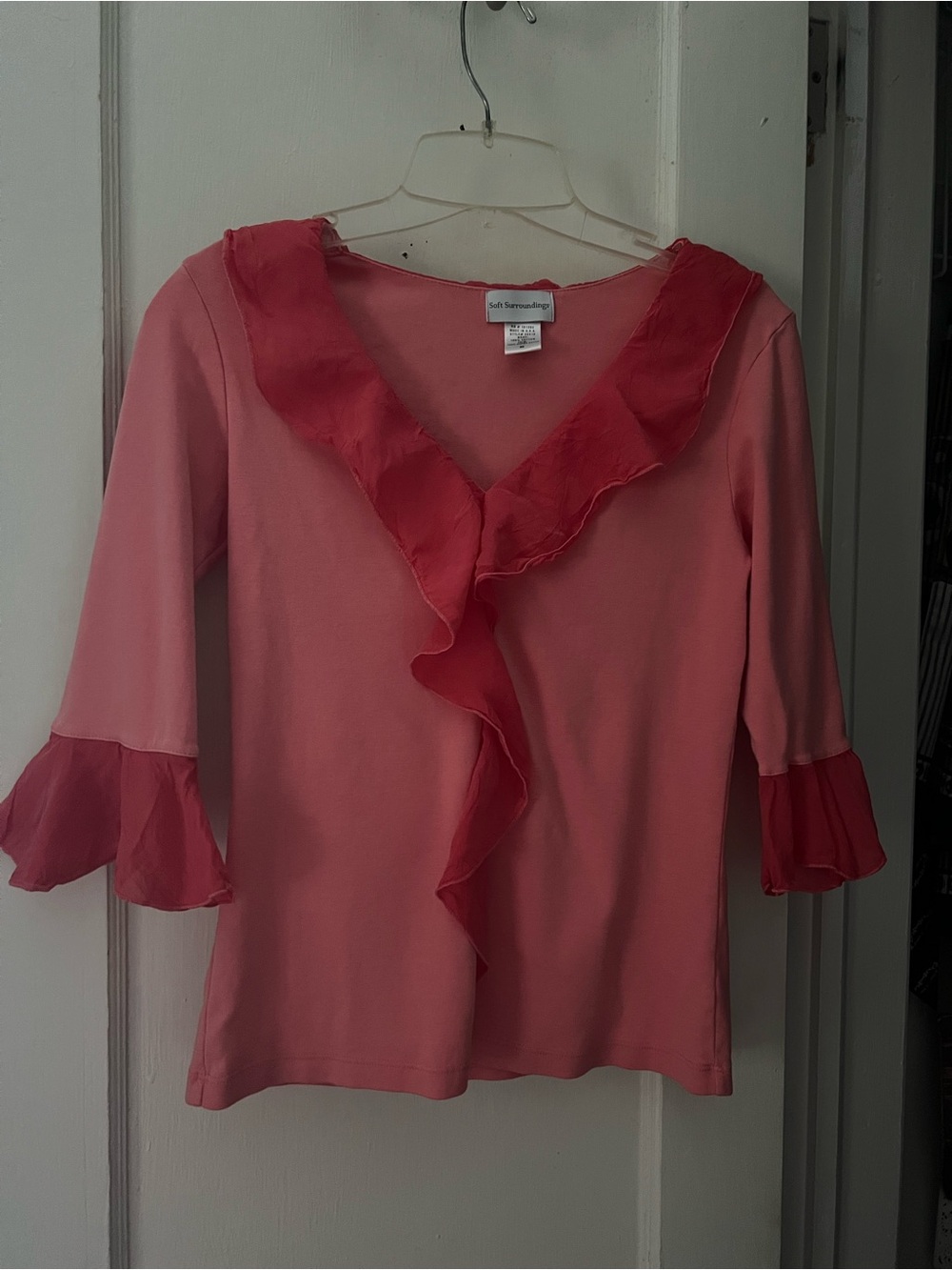 Soft Surroundings Coral Pink Ruffled V-Neck Blouse